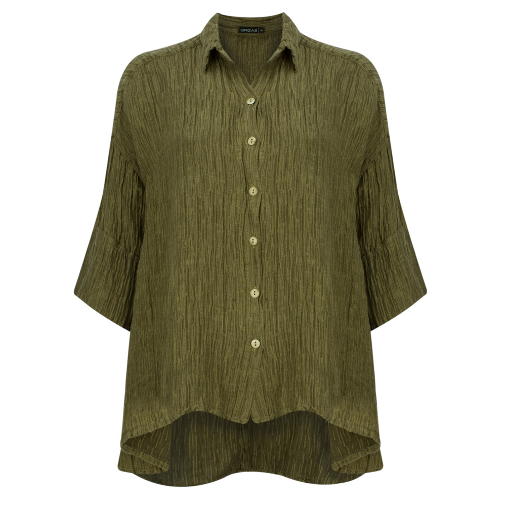 Grizas Crinkle Silk Linen Shirt in Olive Green