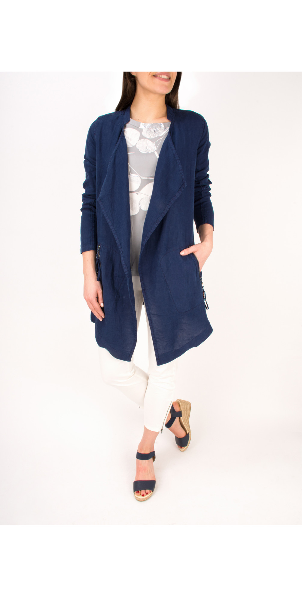 Sandwich Clothing Longline Open Front Linen Jacket in Navy