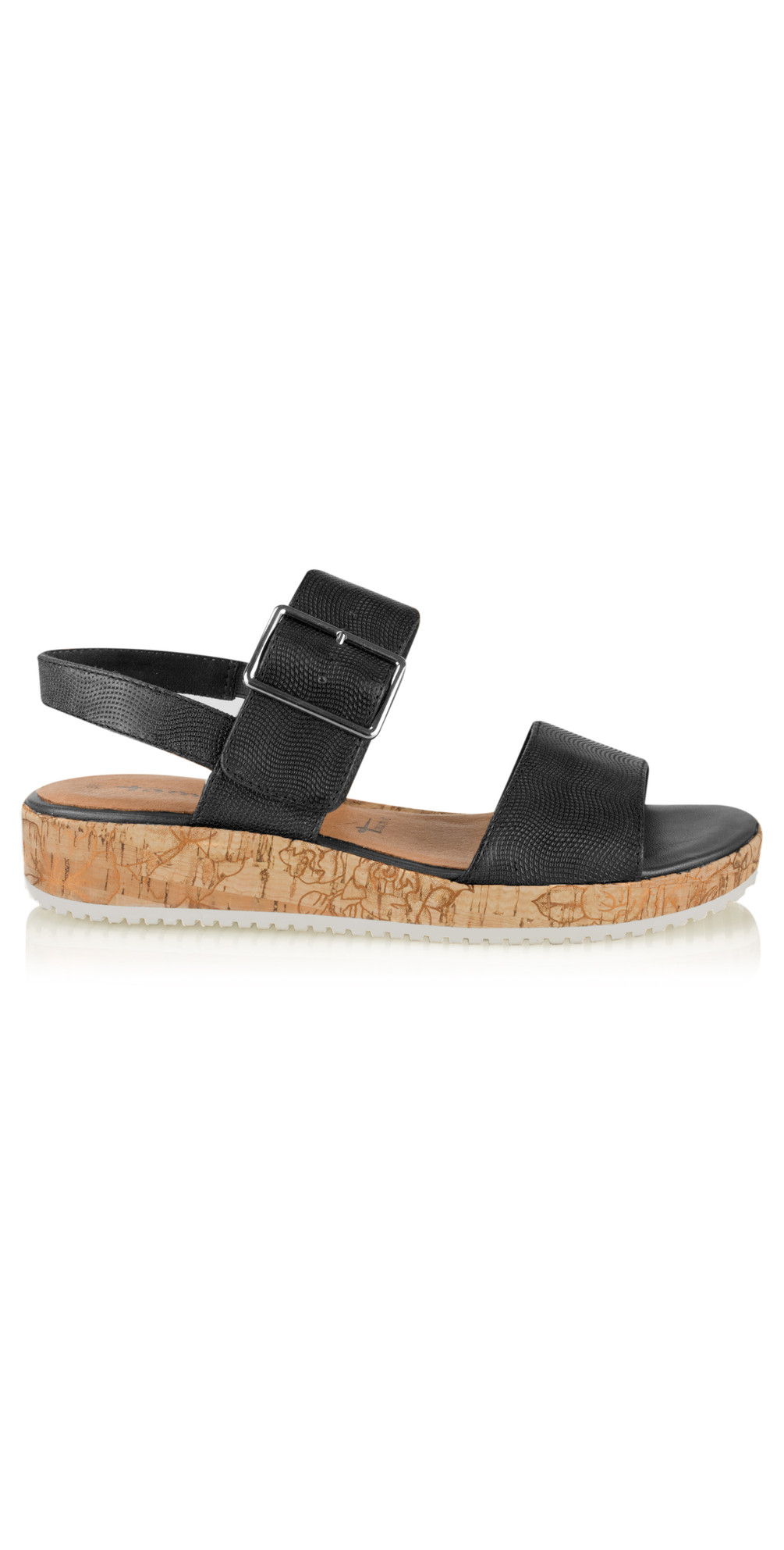 Tamaris Leather Double Strap Sandal with Buckle in Black