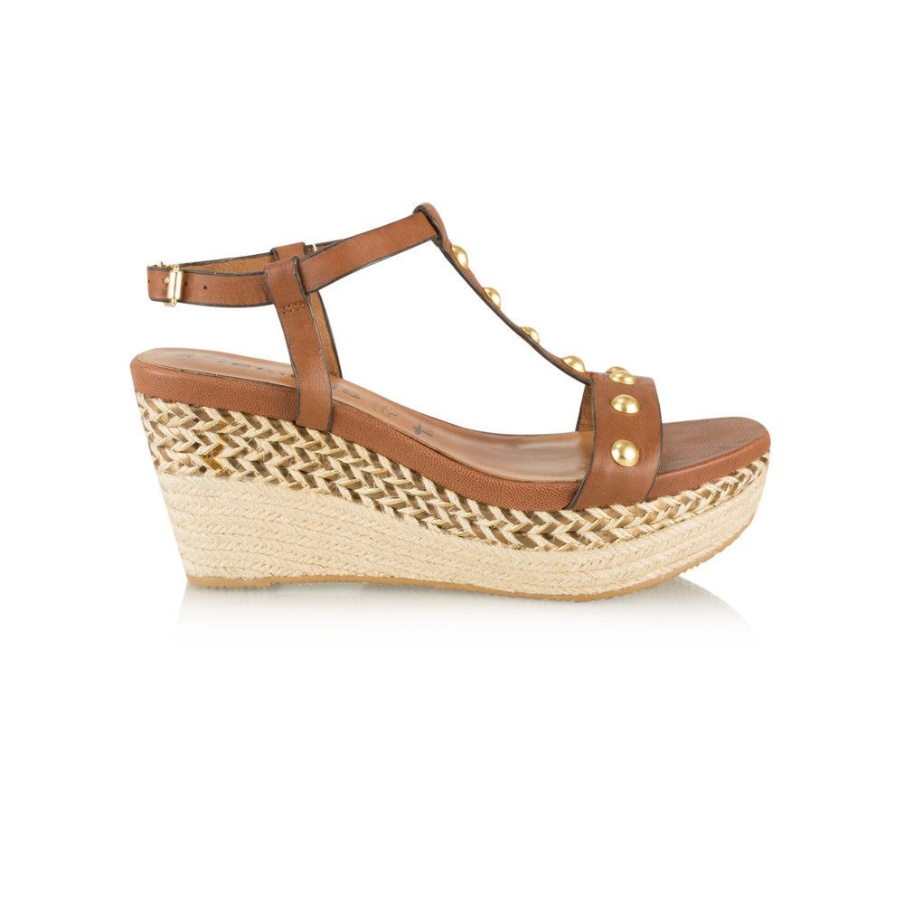 Tamaris Leather High Wedge Sandal with Studs in Cognac