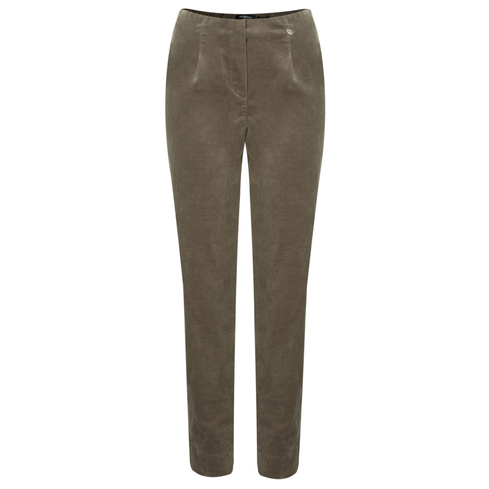 Robell Marie Dark Taupe Stretch Cotton Velvet Slim Full Length Trouser Dark Taupe