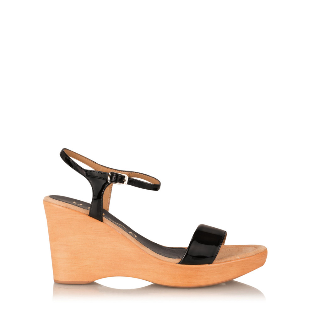 Unisa Shoes Rita Patent Wedge Sandal in Black
