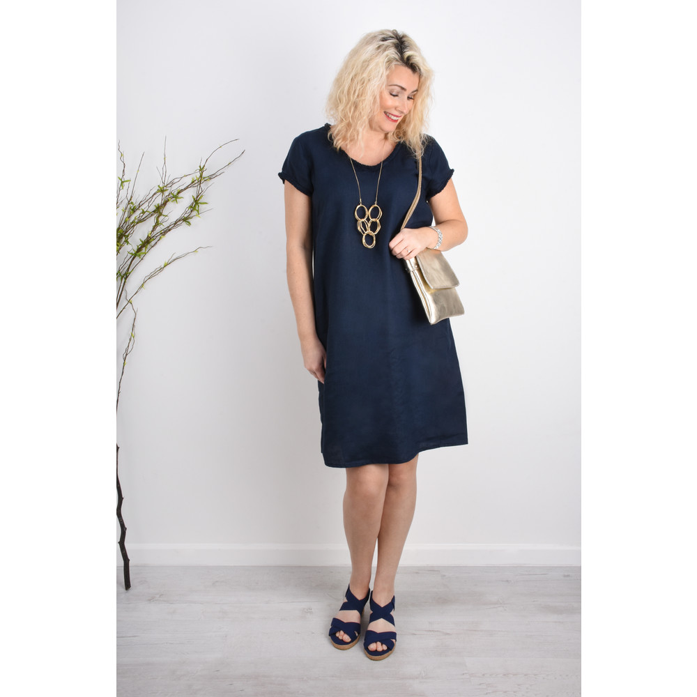 Foil Fringe Edge Linen Dress in Navy