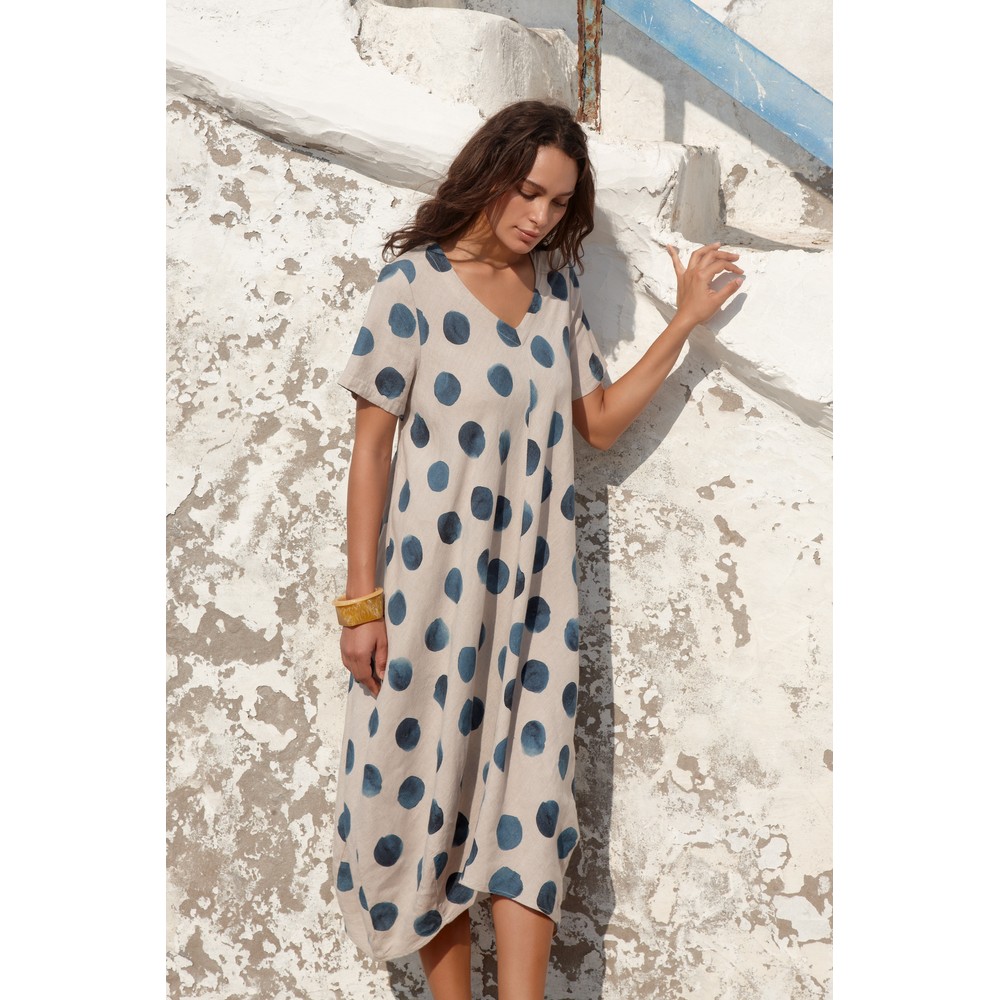 Sahara Painters Spot Linen Bubble Dress in Natural/Navy