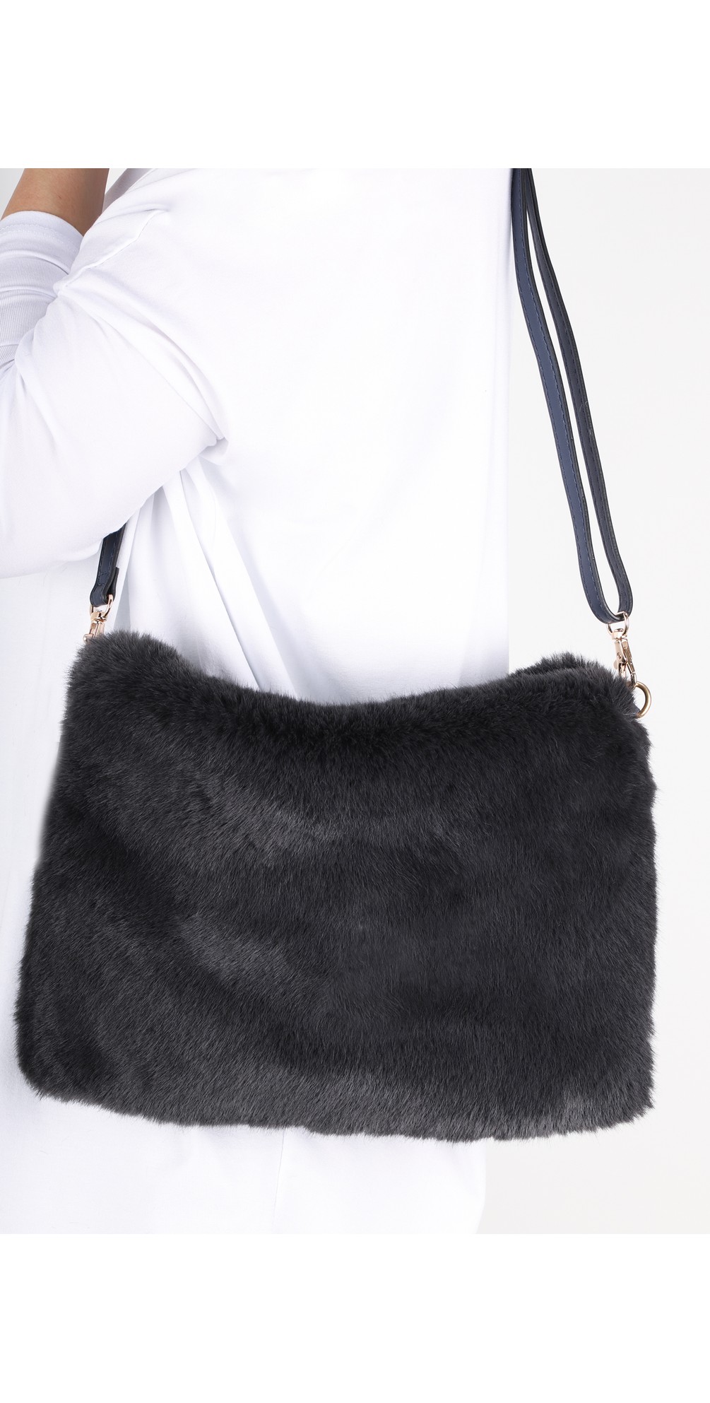 Gemini Label Bags Talia Faux Fur Cross Body Bag in Navy