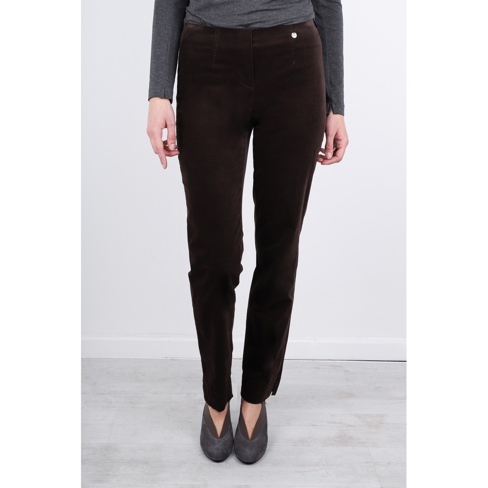 Robell Marie Stretch Cotton Velvet Slim Full Length Trouser in 38 Brown
