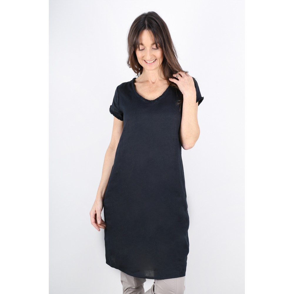 Foil Fringe Benefits Linen Dress in Navy