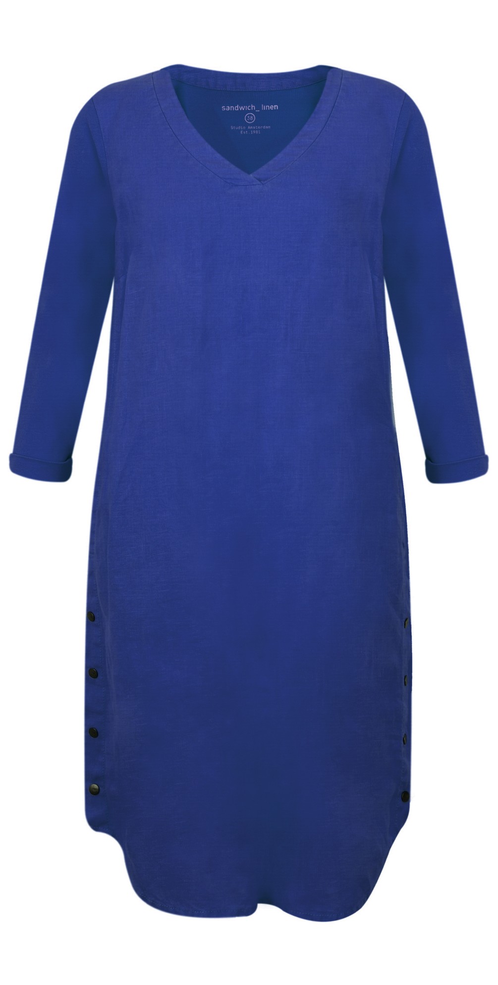 Sandwich Clothing Three Quarter Sleeve Linen Blend Dress in Signal Blue