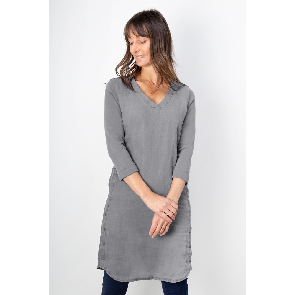 Sandwich Clothing Three Quarter Sleeve Linen Blend Dress in Blue Grey