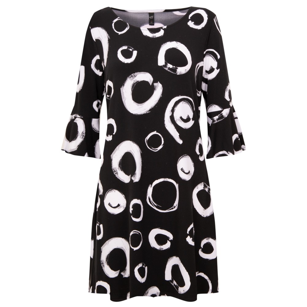 Focus Fluted Sleeve Tunic Dress in Polka Dot Black