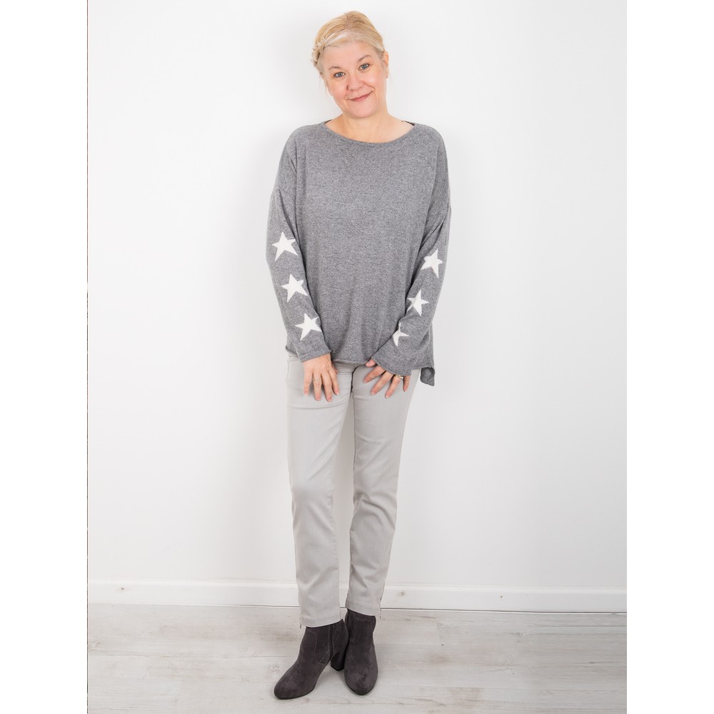Luella Cashmere Blend Jumper with Stars on Sleeve in Mid Grey