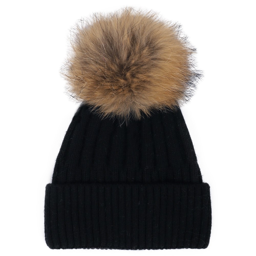 Bitz of Glitz Jessie Black/Natural Big Removable Faux Pom Hat Black / Natural Pom 