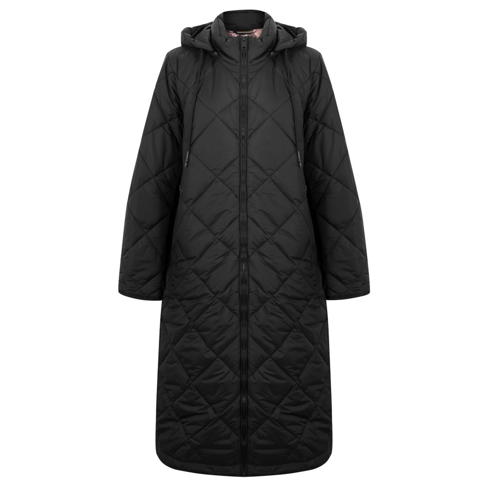Frandsen Gudrun Hooded Longline Quilted Coat in Black 90