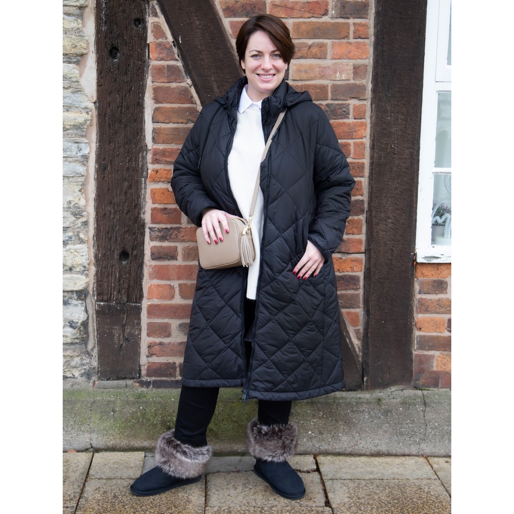 Frandsen Gudrun Hooded Longline Quilted Coat in Black 90