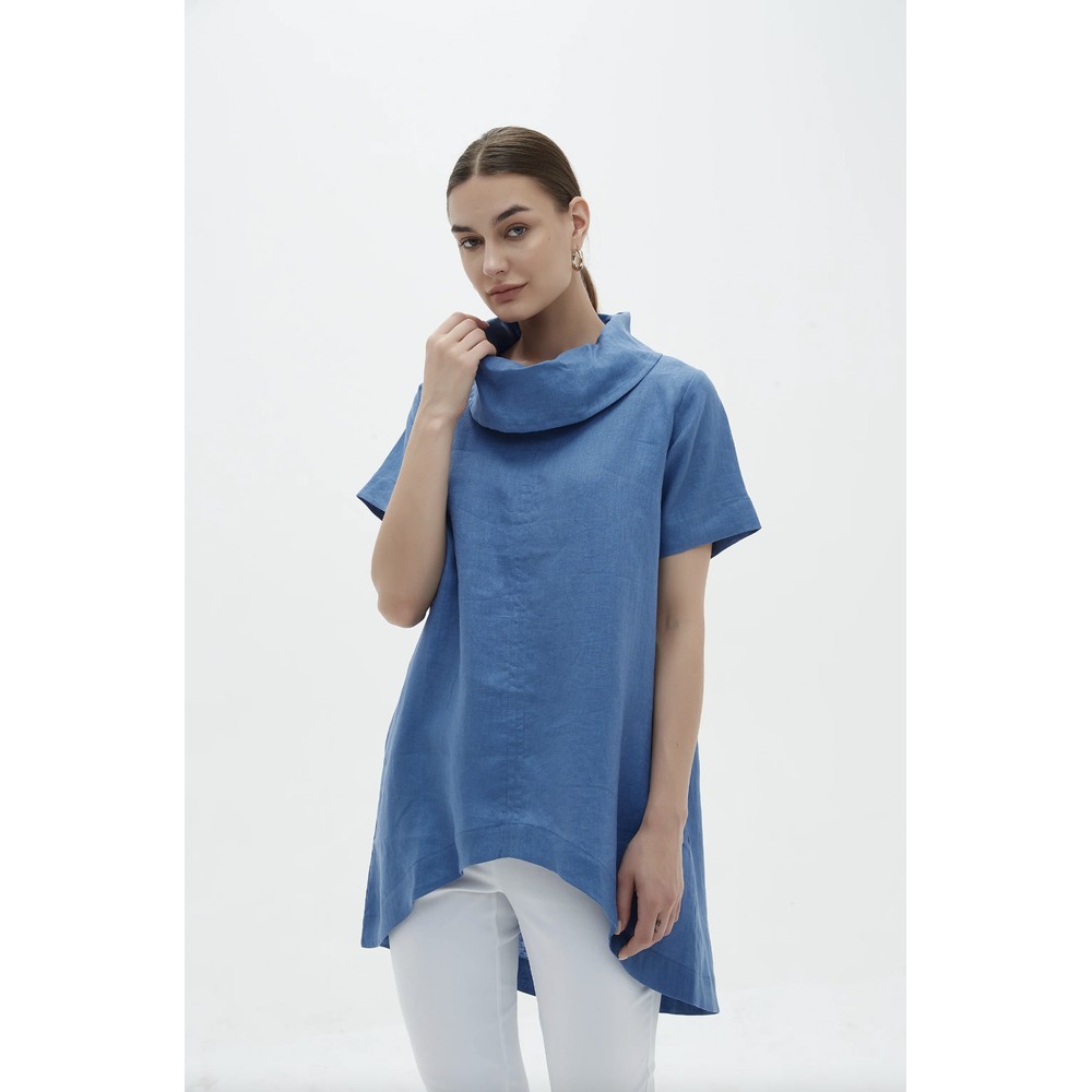 Tirelli Funnel Neck Coastal Blue Linen Tunic in Coastal Blue