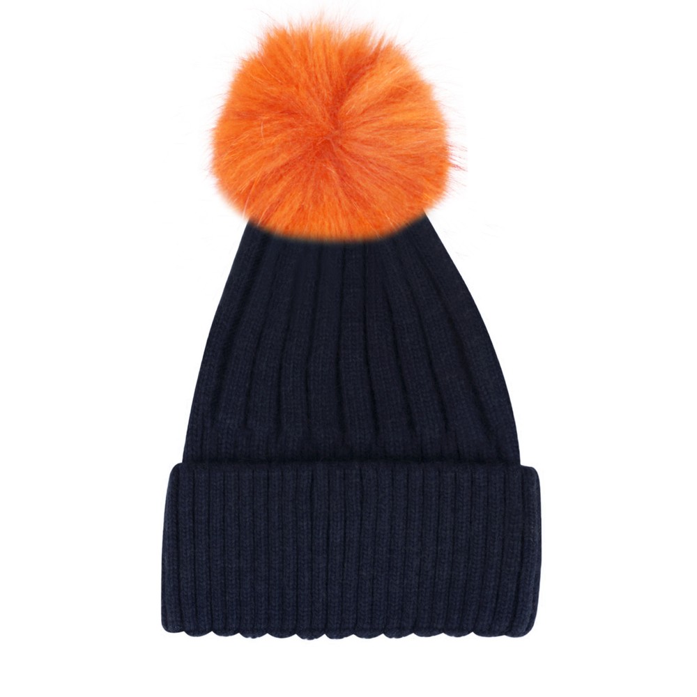 Bitz of Glitz Jeanie Hat Navy with Removable Orange Faux Pom Navy / Orange