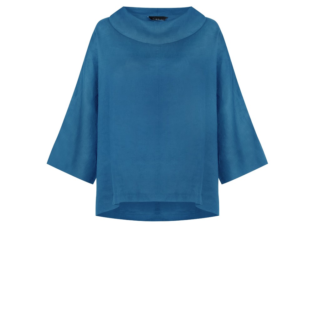 Tirelli Funnel Neck Coastal Blue Linen Top in Coastal Blue