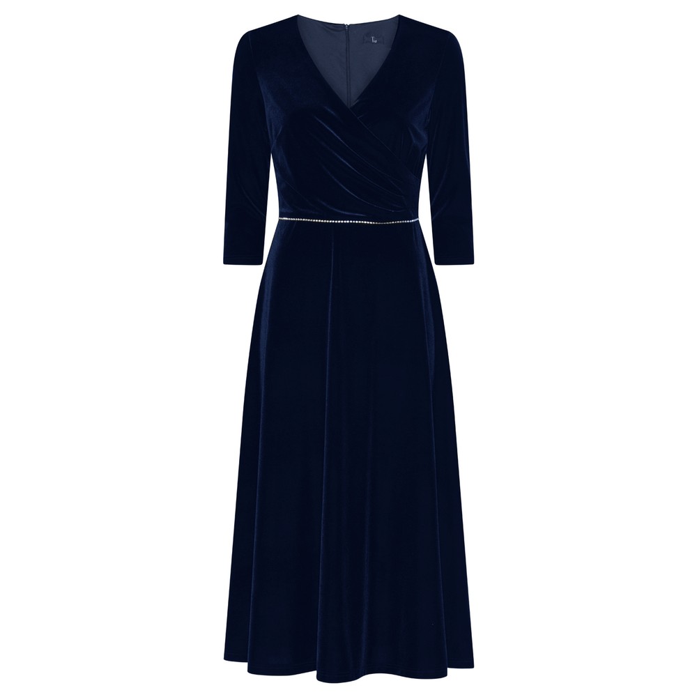 Tia Velvet Stretch Diamante Waist Flare Dress Navy