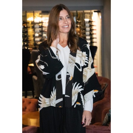 One Hundred Stars Short Stork Black Crepe Kimono - Multicoloured