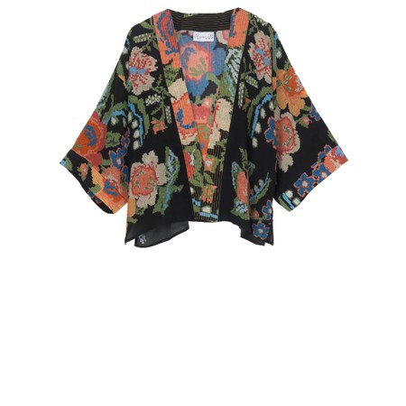One Hundred Stars Woven Flower Black Short Crepe Kimono - Multicoloured