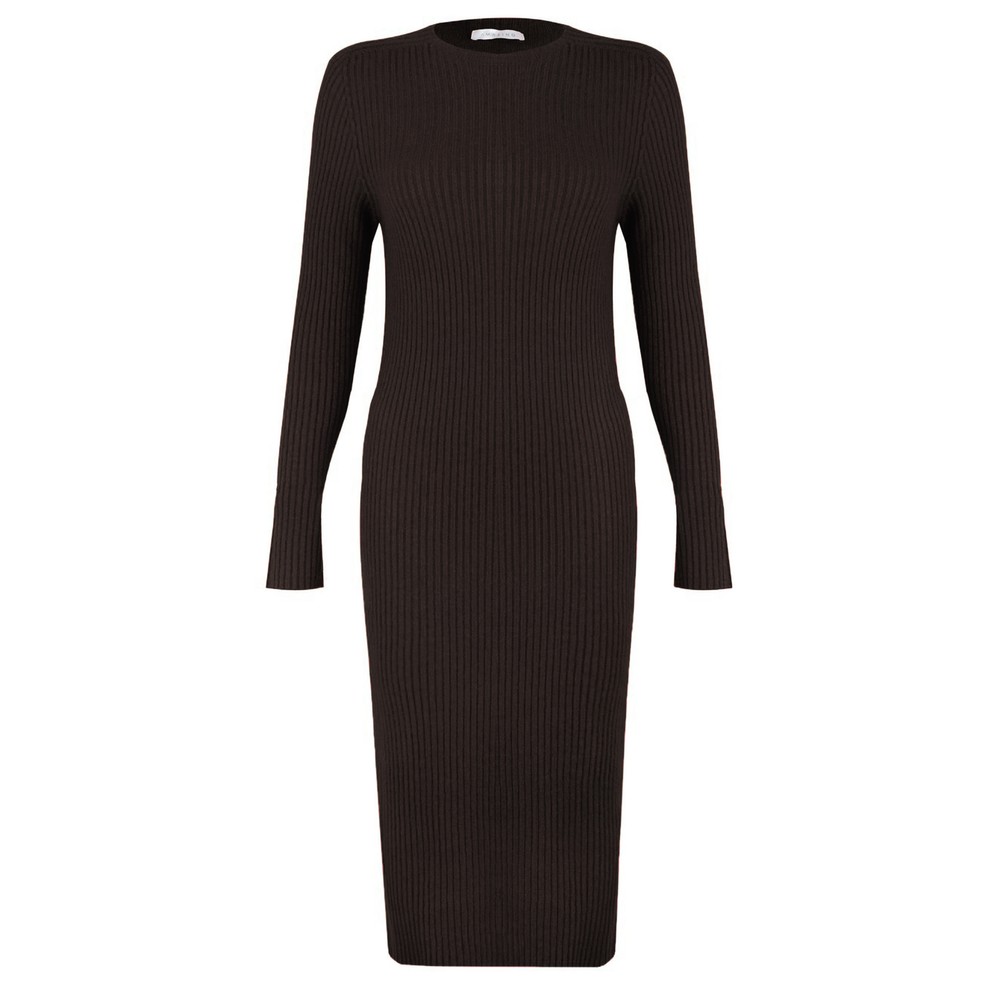 Amazing Woman Paola Dark Chocolate Fitted Ribbed Midi Dress Dark Chocolate