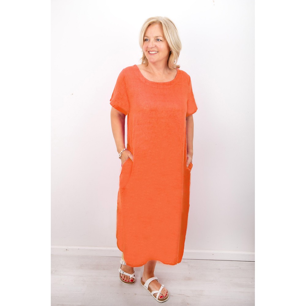 Amazing Woman Janey Papaya  Linen Straight Midi Dress Papaya