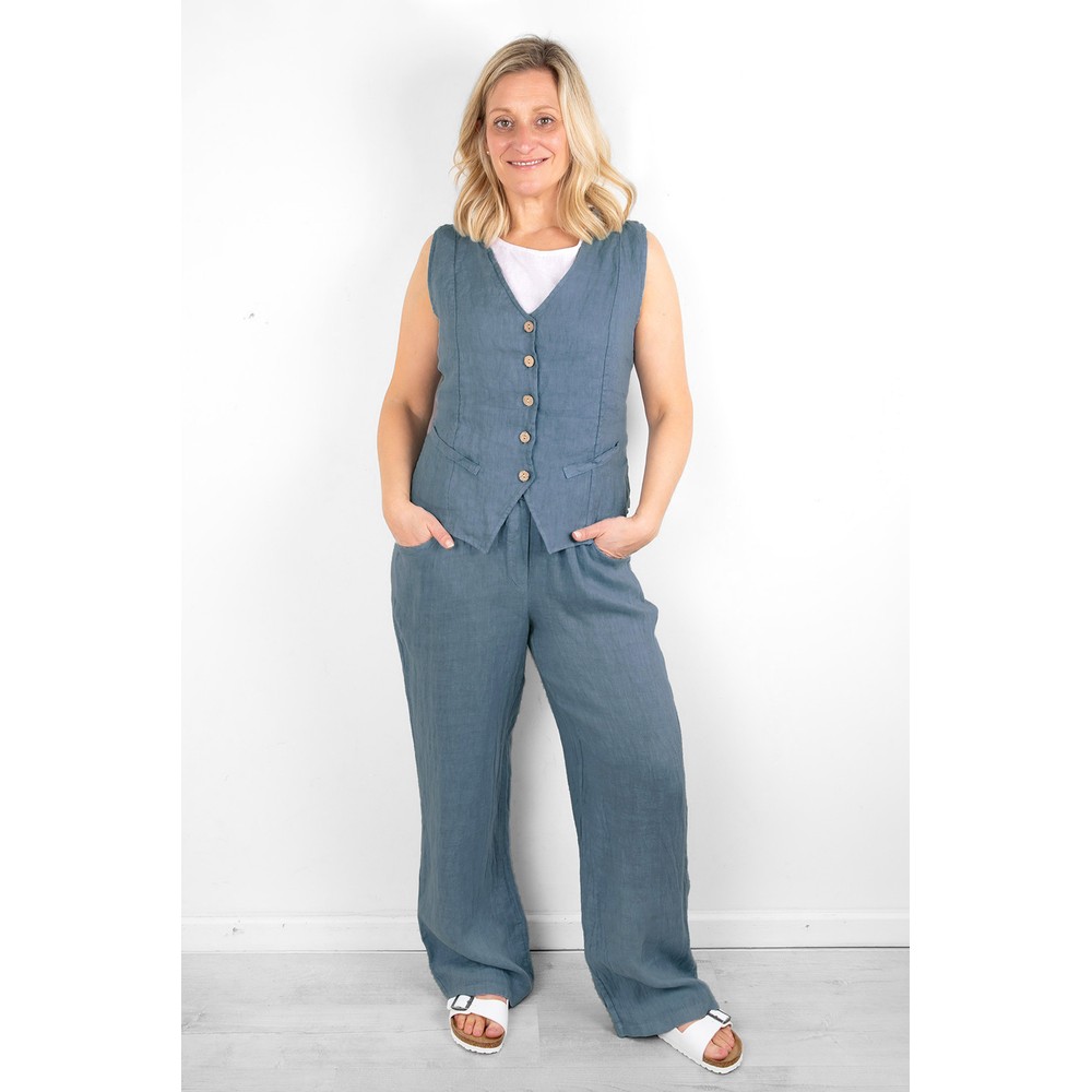 Amazing Woman Odie Long Denim Blue Wide Leg Linen Trousers Denim Blue