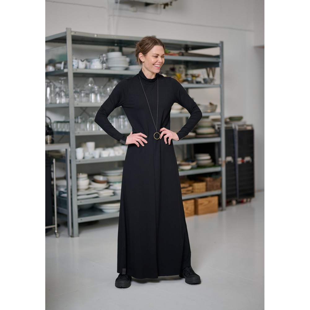 Henriette Steffensen Long Sleeve Black Jersey Dress With Necklace Black 
