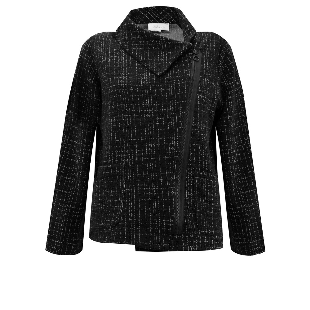 Sahara Boucle Cotton Asymmetric Zip Jacket Black / Grey