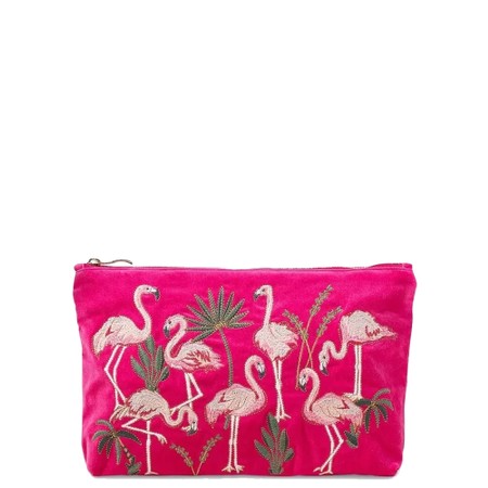 Elizabeth Scarlett Flamingos Pink Embroidered Velvet Pouch - Pink