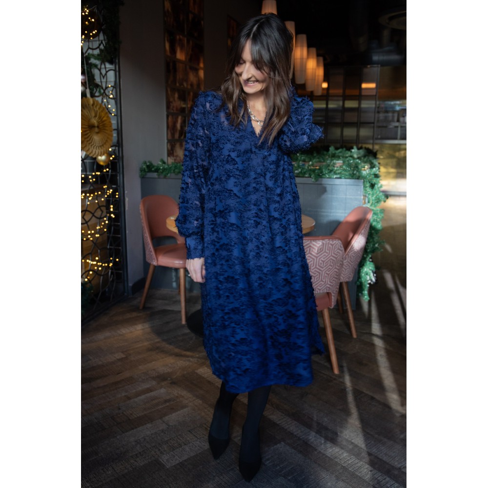 Masai Clothing MaOberon Medieval Blue Floral Jacquard Sheer Dress Medieval Blue