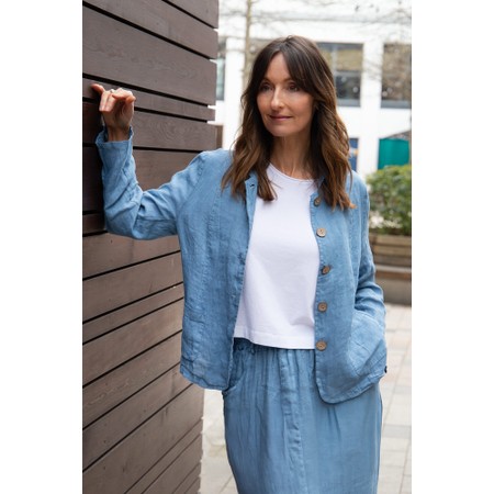 Amazing Woman Katia Denim Blue Front Pocket Short Linen Jacket - Blue
