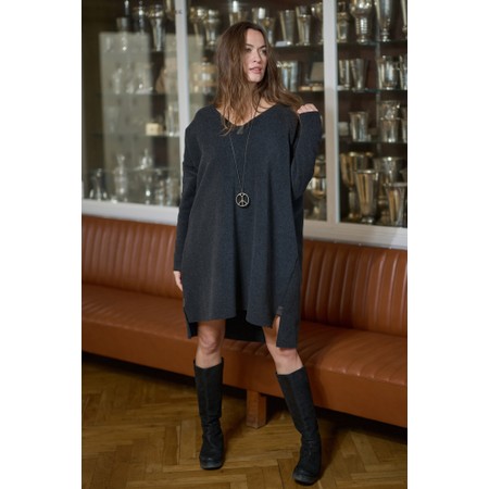 Henriette Steffensen V-Neck Fleece Soft Black Tunic With Peace Necklace - Black