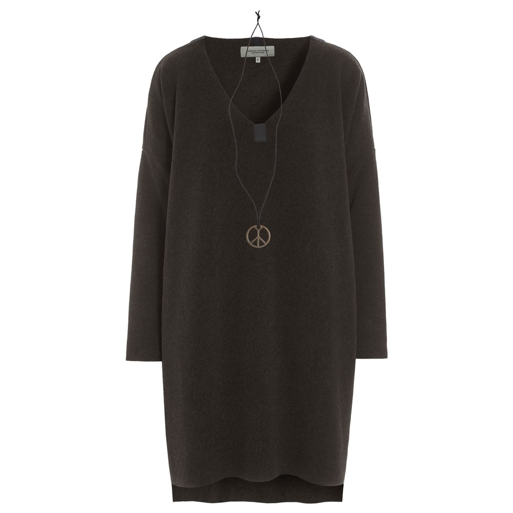 Henriette Steffensen V-Neck Fleece Chokolate Tunic With Peace Necklace Chokolate