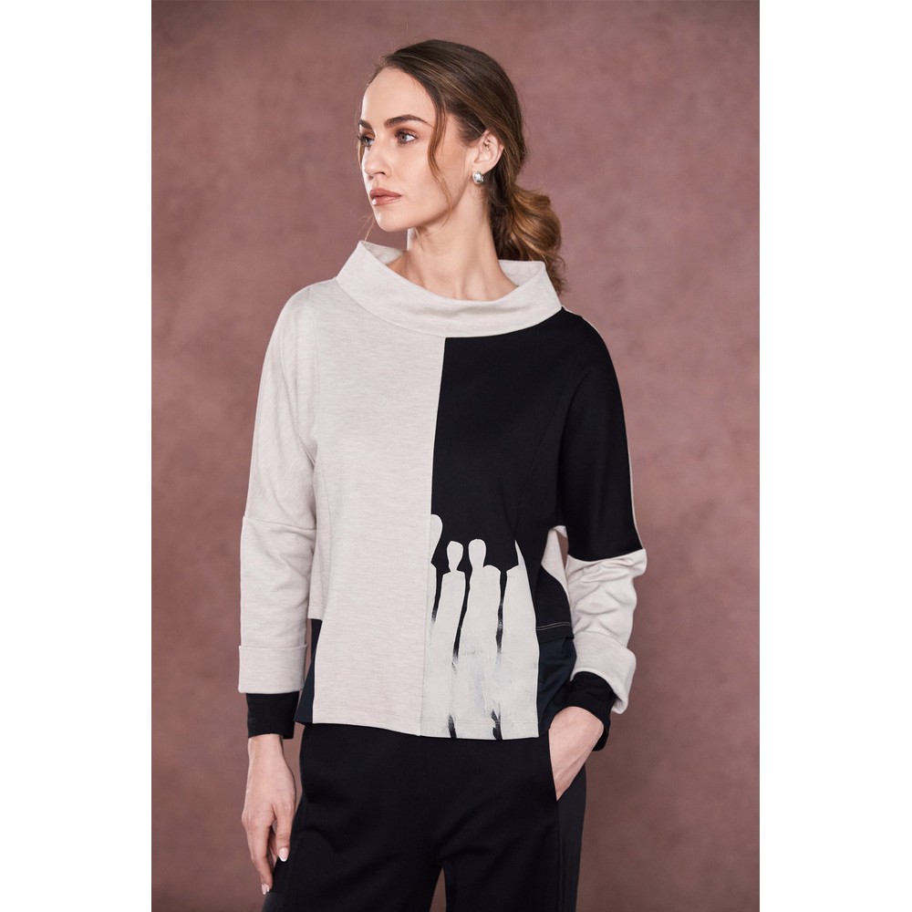 Naya Naya Two Tone Print Funnel Neck Top Black / Sand