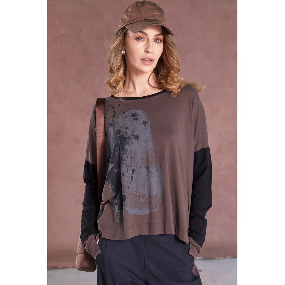 Naya Naya Cocoa And Black Contrast Placement Print Top Cocoa / Black