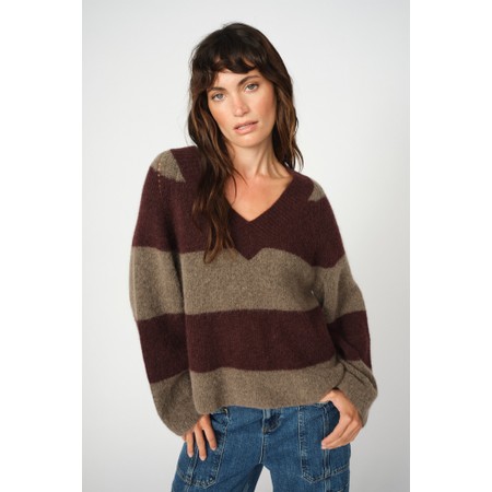 Mos Mosh Taci Stripe V-Neck Knit Top - Brown