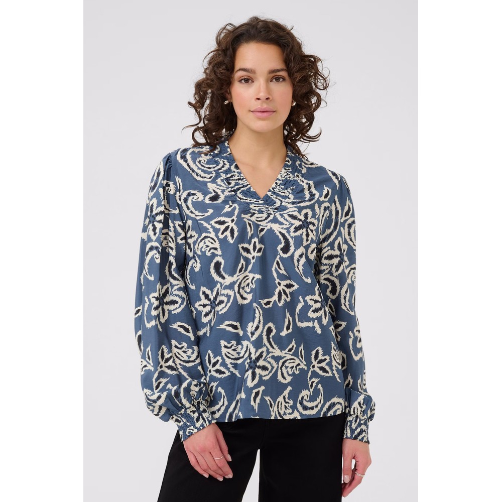 KAFFE Adahlia Long Sleeve Blouse Bering Sea / White