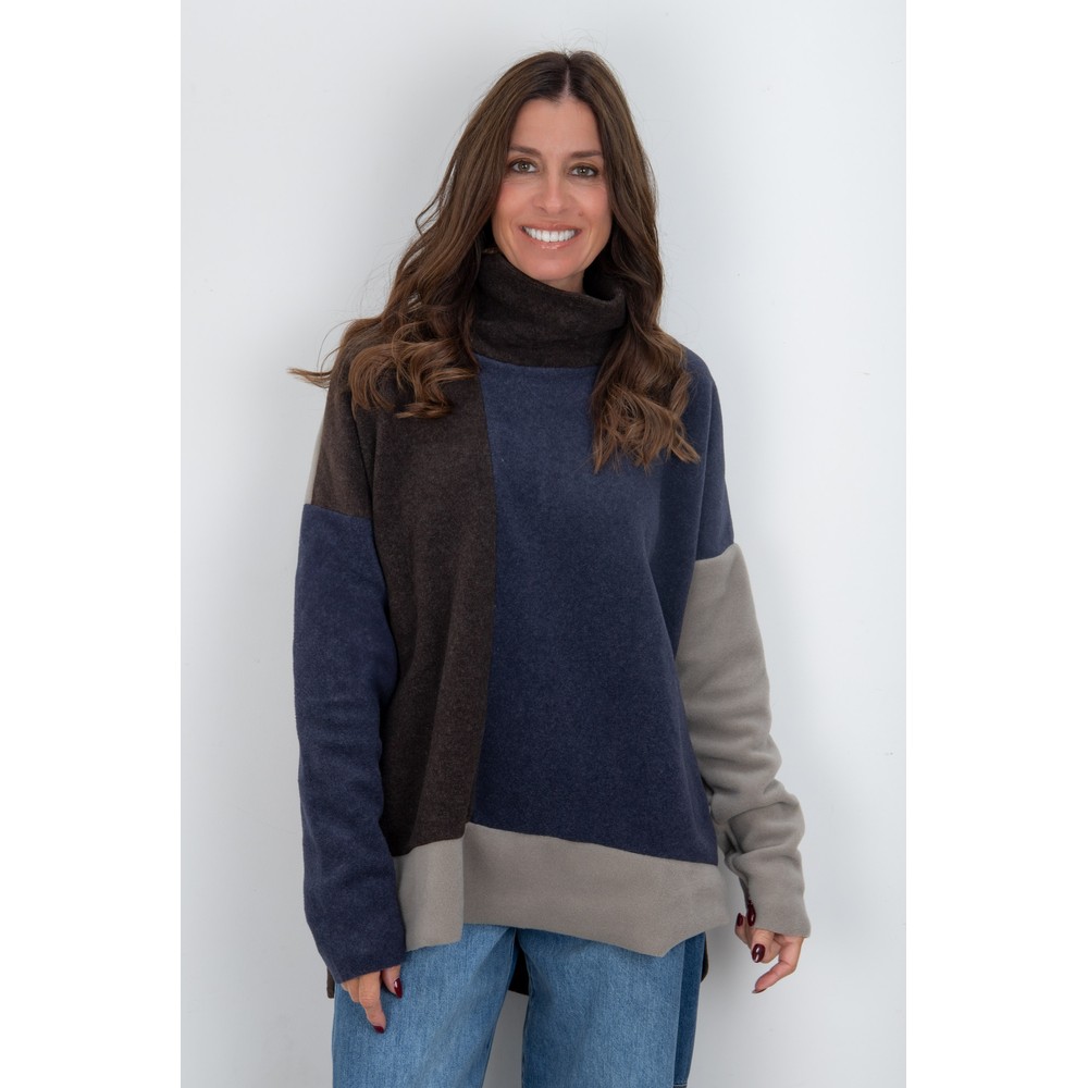 Henriette Steffensen High Neck Patch Fleece Sweater Evening Blue / Chokolate / Elephant