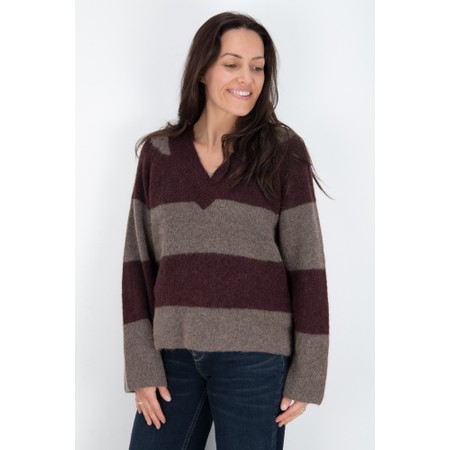 Mos Mosh Taci Stripe V-Neck Knit Top - Brown