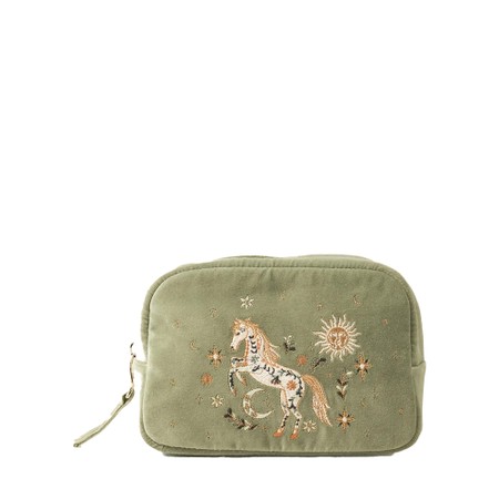 Elizabeth Scarlett Mystical Horse Olive Velvet Makeup Bag - Green
