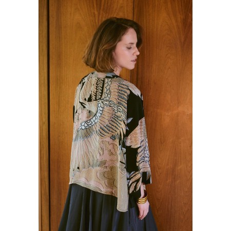 One Hundred Stars Crane Black Short Crepe Kimono - Black