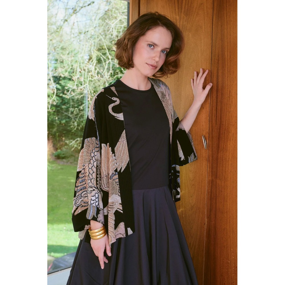 One Hundred Stars Crane Black Short Crepe Kimono Crane Black