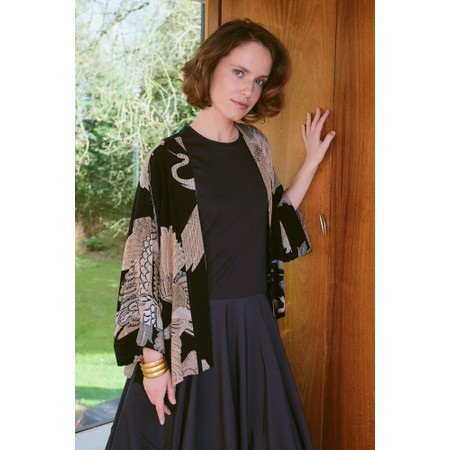 One Hundred Stars Crane Black Short Crepe Kimono - Black