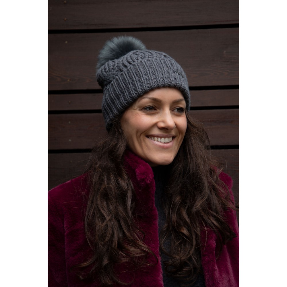 RINO AND PELLE Aaf Beanie Hat With Faux Fur Pom Night / Night Pom