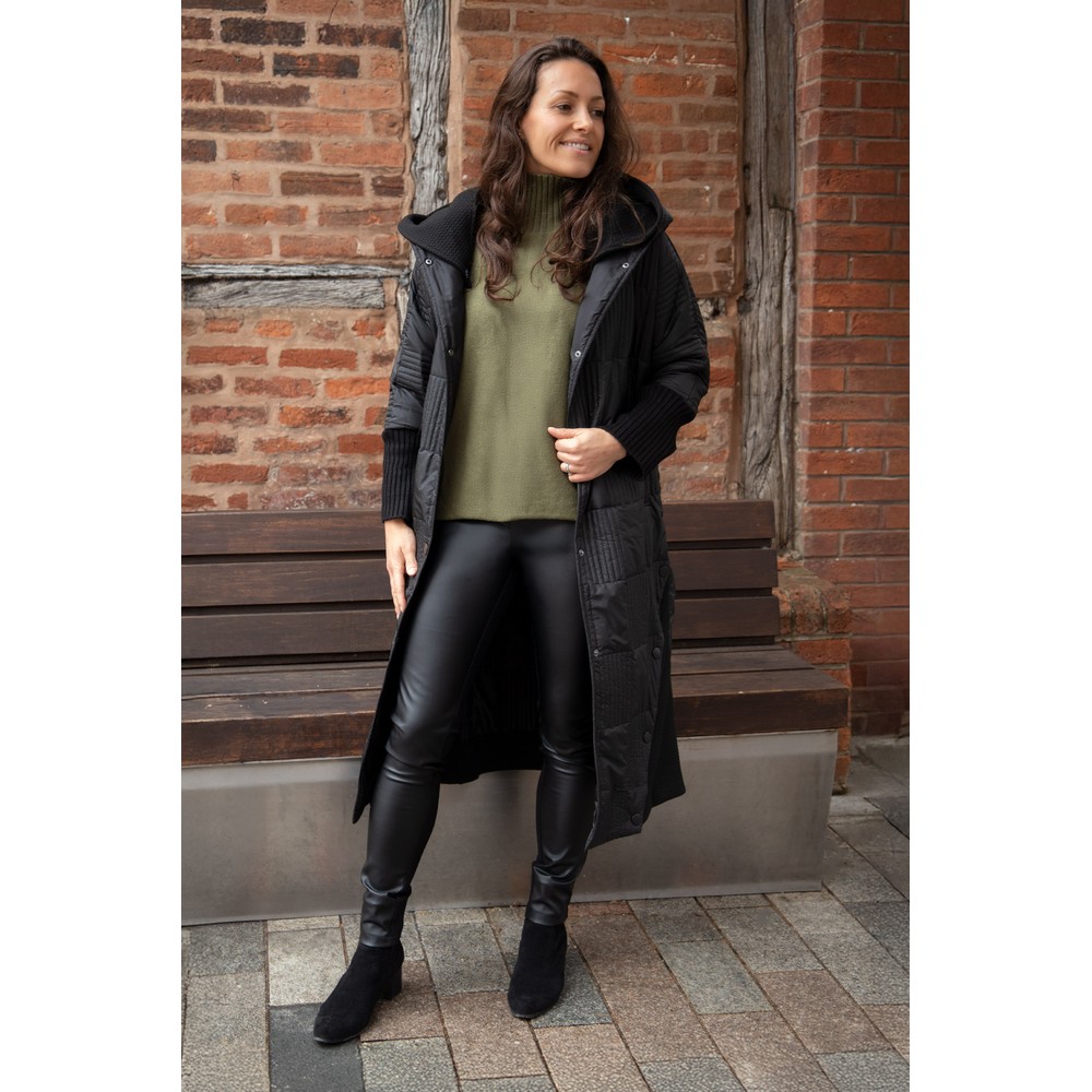 Naya Naya Padded Hood Ribbed Collar Coat Black 