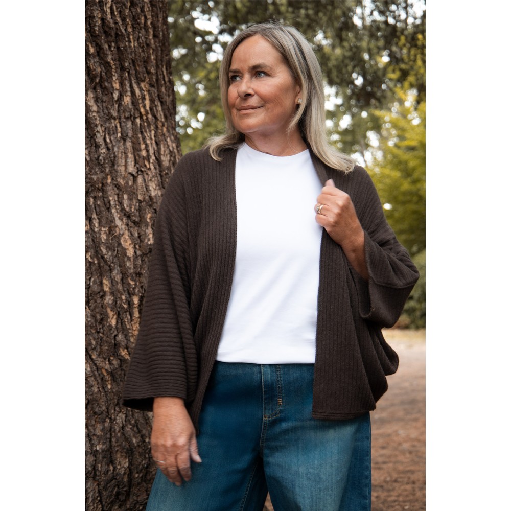 Amazing Woman Pheobie Dark Chocolate Rib Throw Over Cardigan Dark Chocolate