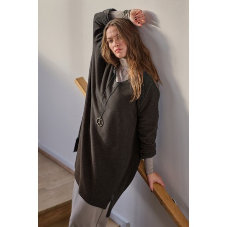 Henriette Steffensen V-Neck Fleece Chokolate Tunic With Peace Necklace - Brown
