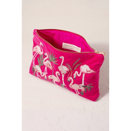 Elizabeth Scarlett Flamingos Pink Embroidered Velvet Pouch - Pink
