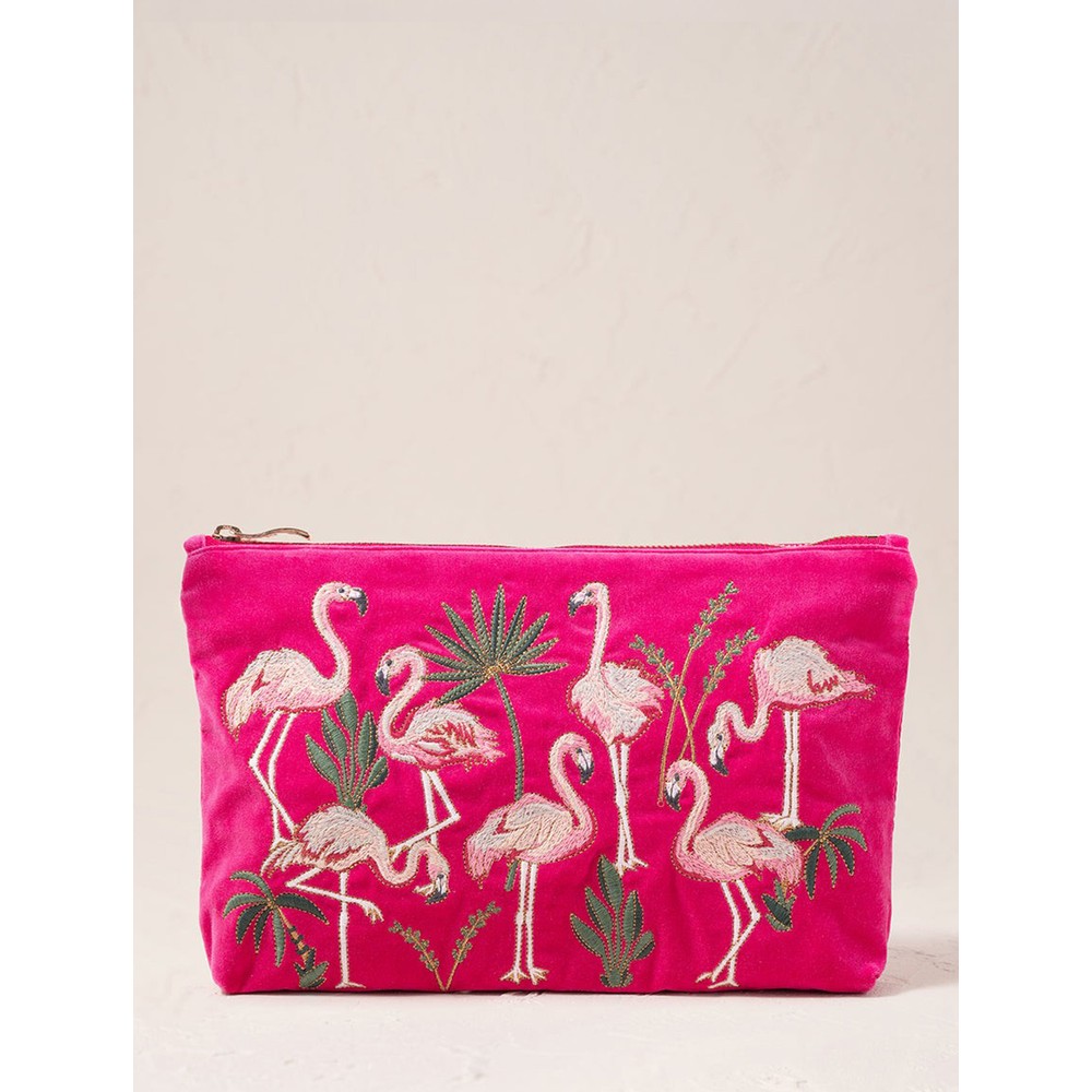 Elizabeth Scarlett Flamingos Pink Embroidered Velvet Pouch Pink